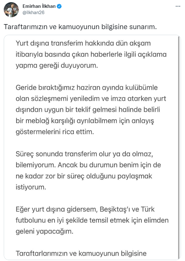 Son dakika Beşiktaşta Emirhan İlkhandan transfer açıklaması