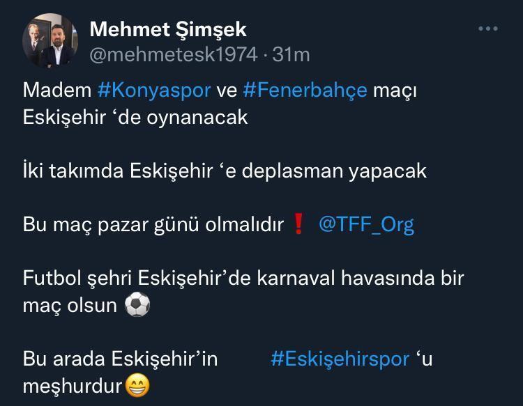 Eskişehirspordan Konyaspor-Fenerbahçe maçının pazar günü oynanması talebi