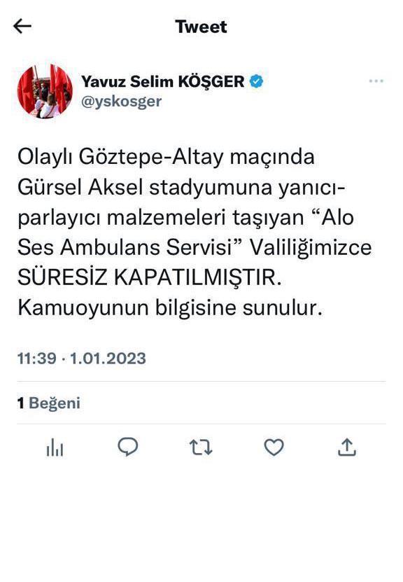 Olaylı Göztepe-Altay maçında yanıcı maddeleri taşıyan ambulans firması süresiz kapatıldı
