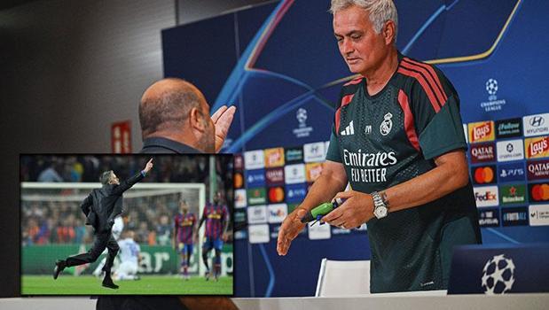 Jose Mourinho'ya basın toplantısında 'fıskiye' hediye edildi! Barcelona'ya büyük gönderme