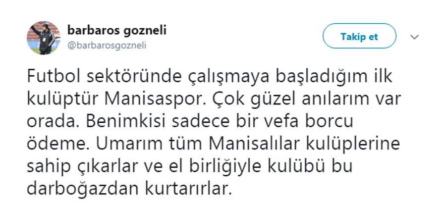 Barbaros Gözneli'den Manisaspor'a büyük vefa