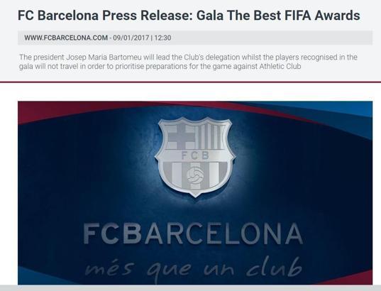 Barcelona yıldızlarını FIFA ödül törenne göndermiyor