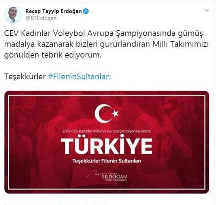 Erdoğan, filenin sultanlarını tebrik etti
