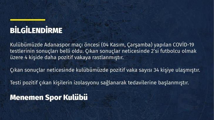Menemenspor'da vaka sayısı 34'e yükseldi