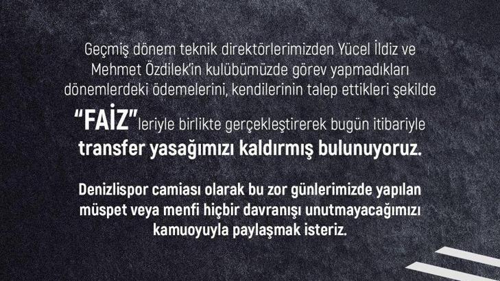 Denizlispor transfer yasağını kaldırdı