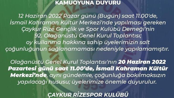 Rizespor'da Seçimli Olağan Genel Kurul ertelendi