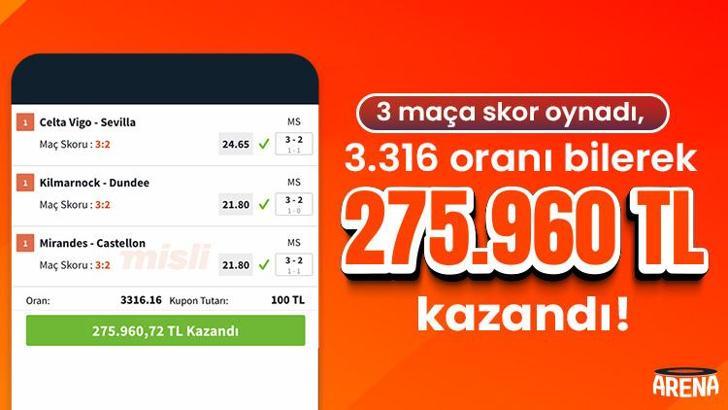 3 maça skor oynadı, 3.316 oranı bilerek 252.839 TL kazandı!