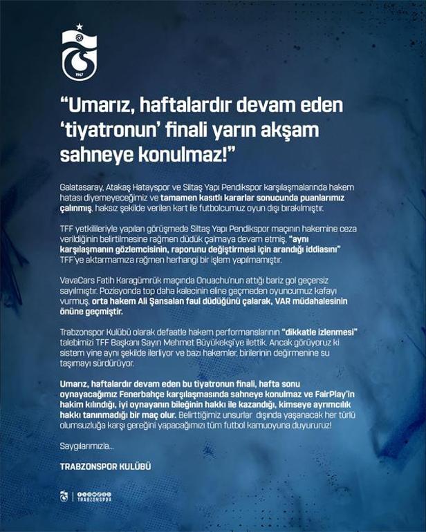 Son dakika | Fenerbahçe maçı öncesi Trabzonspordan açıklama