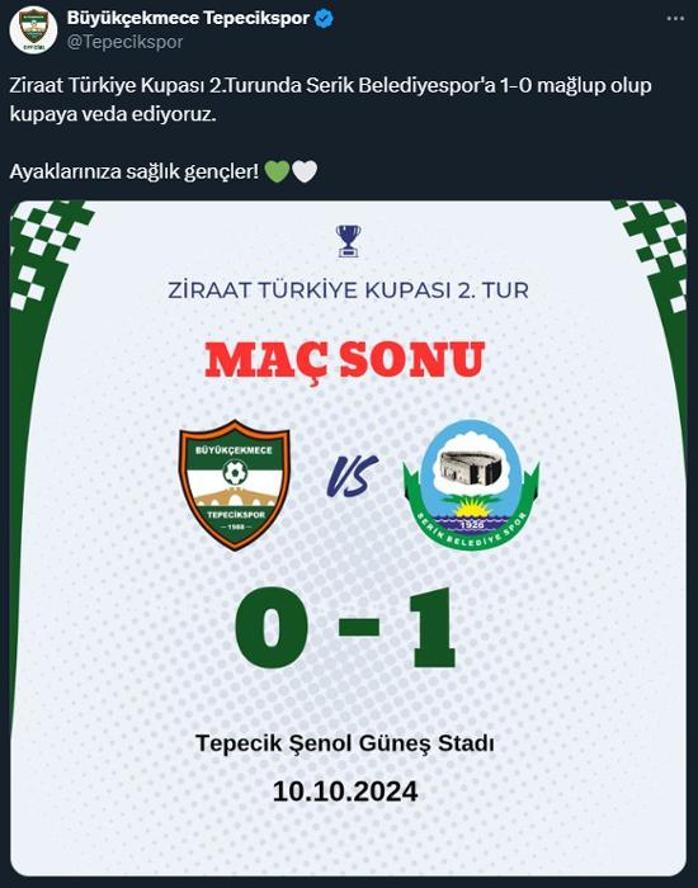 Ziraat Türkiye Kupası | Maç sonucu: Büyükçekmece Tepecik Spor 0-1 Serik Belediyespor