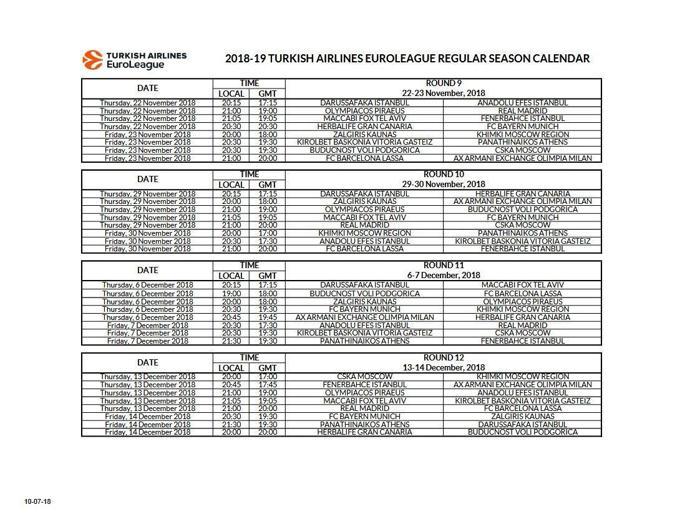 THY EuroLeaguede 2018-19 sezonu takvimi açıklandı