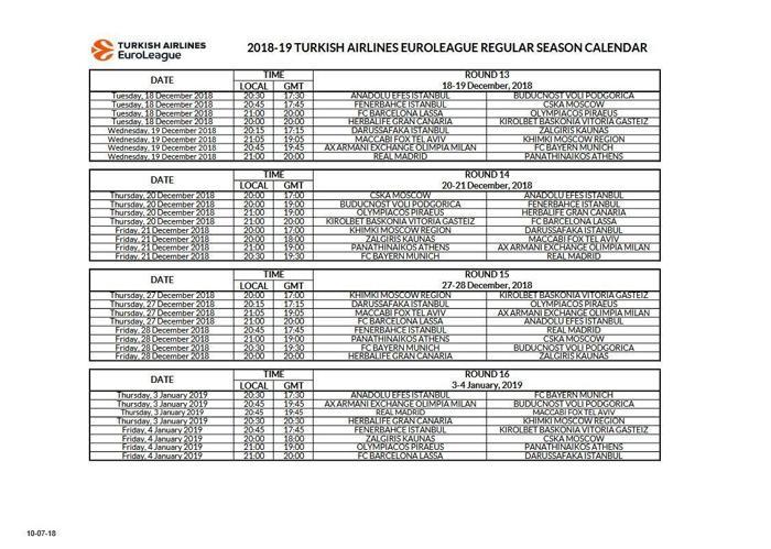 THY EuroLeaguede 2018-19 sezonu takvimi açıklandı