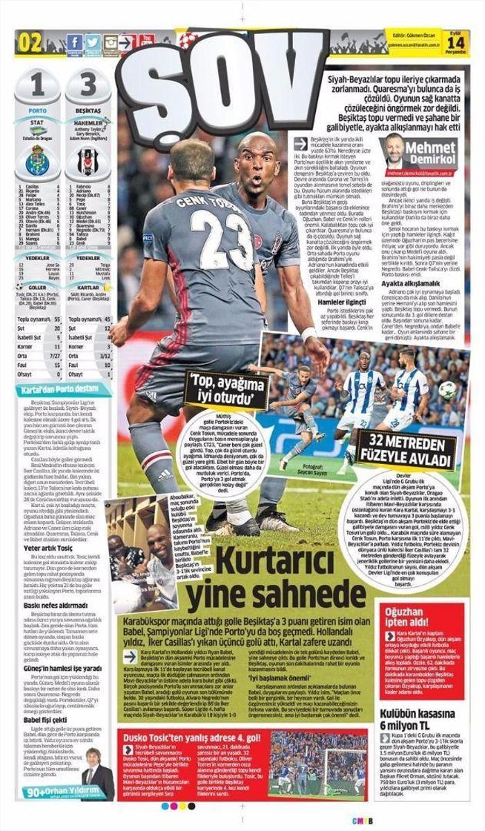 Beşiktaşın Porto zaferi sonrası manşetler...