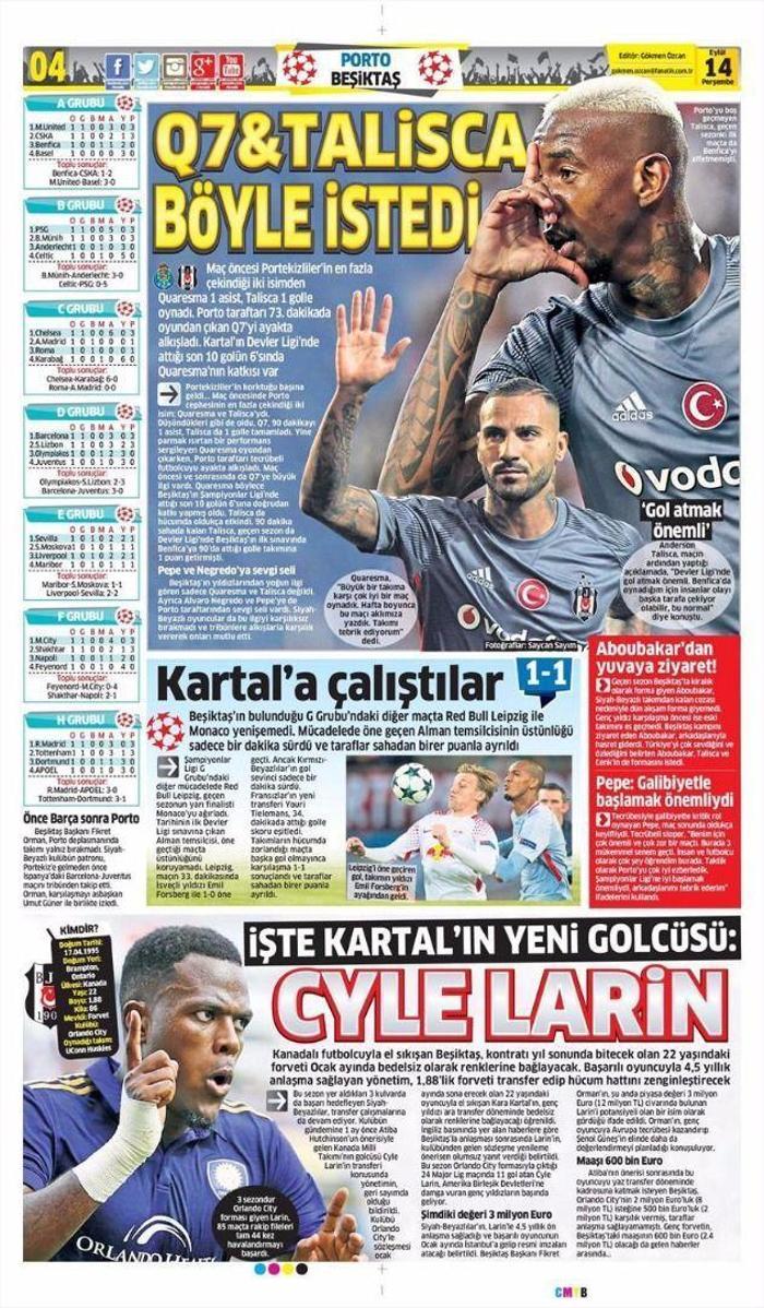Beşiktaşın Porto zaferi sonrası manşetler...