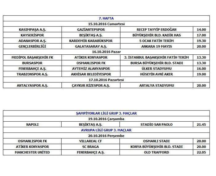 2016-2017 Spor Toto Süper Lig Turgay Şeren Sezonu İlk Yarı Maç Programı