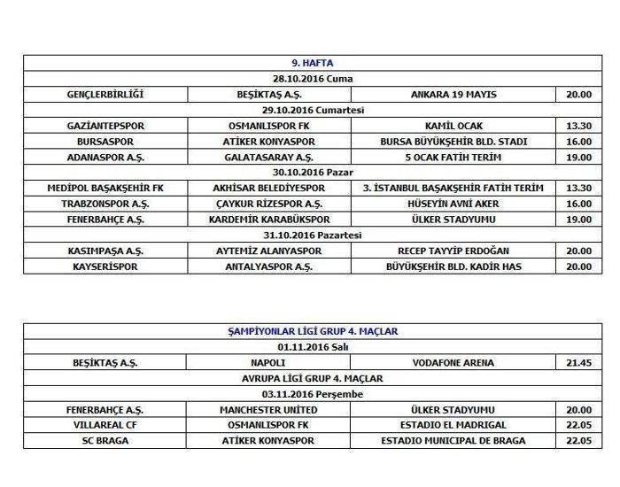 2016-2017 Spor Toto Süper Lig Turgay Şeren Sezonu İlk Yarı Maç Programı
