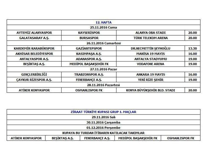 2016-2017 Spor Toto Süper Lig Turgay Şeren Sezonu İlk Yarı Maç Programı