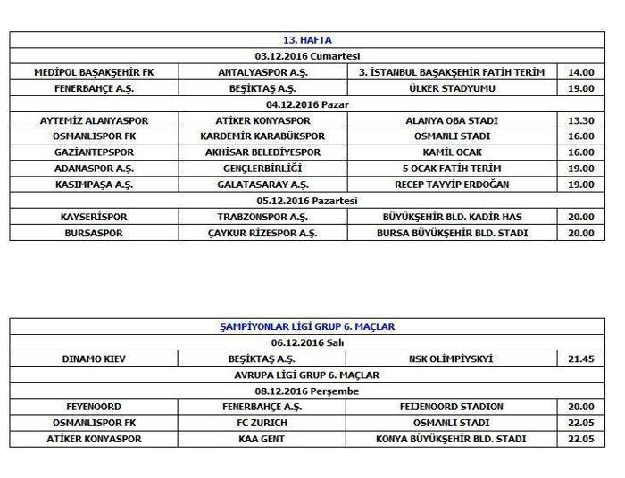 2016-2017 Spor Toto Süper Lig Turgay Şeren Sezonu İlk Yarı Maç Programı
