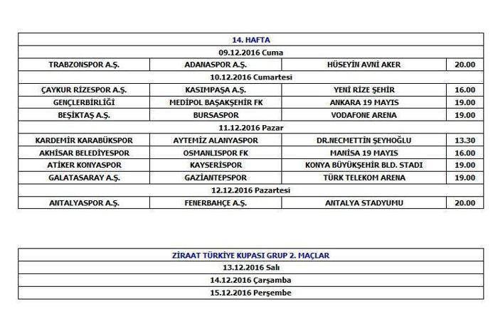 2016-2017 Spor Toto Süper Lig Turgay Şeren Sezonu İlk Yarı Maç Programı