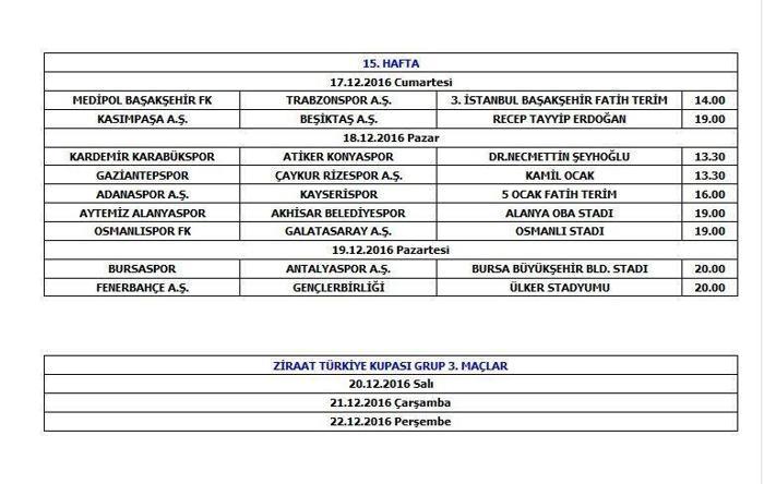 2016-2017 Spor Toto Süper Lig Turgay Şeren Sezonu İlk Yarı Maç Programı