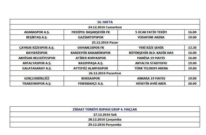 2016-2017 Spor Toto Süper Lig Turgay Şeren Sezonu İlk Yarı Maç Programı