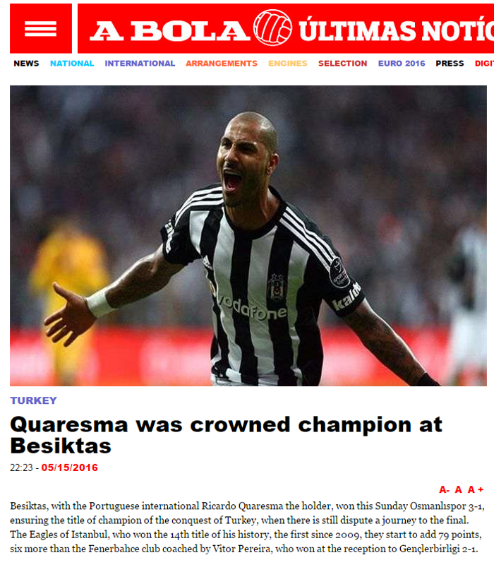 Quaresma, Beşiktaşla şampiyon oldu - Abola