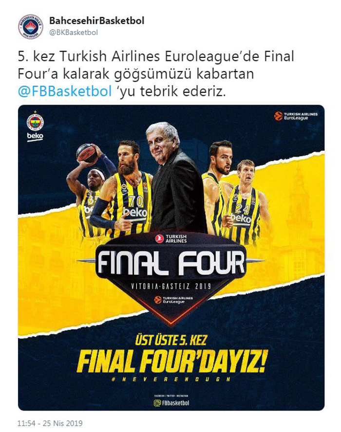 Türkiye basketbol liglerinde mücadele eden birçok ekip ve oyuncu da Fenerbahçe Bekonun başarısını kutlayan mesajlar paylaştılar: