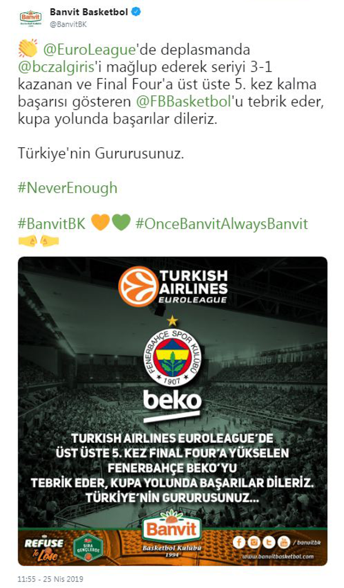 Basketbol camiasından Fenerbahçeye tebrik mesajları