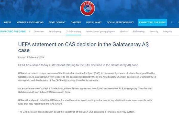 CASın Galatasaray kararı UEFAyı salladı