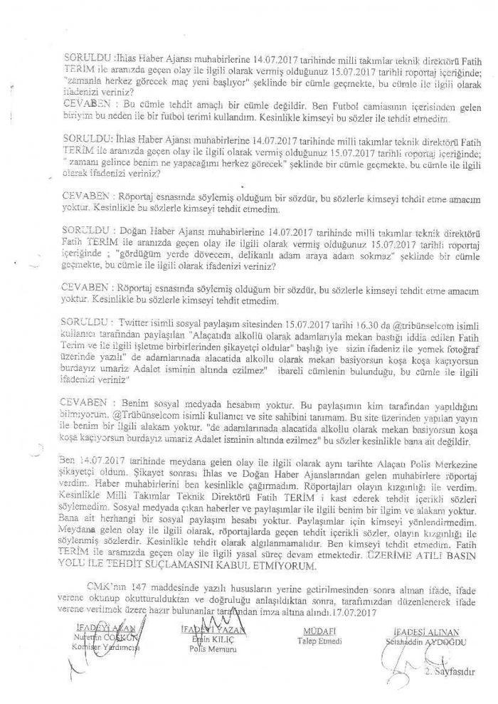 Fatih Terim ve Selahattin Aydoğdunun ifadeleri ortaya çıktı