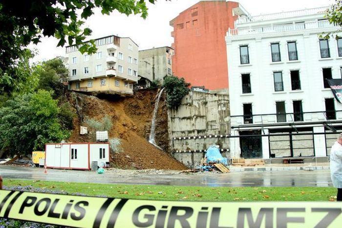 İstanbul Beyoğlunda toprak kayması Boşaltılan bina çöktü
