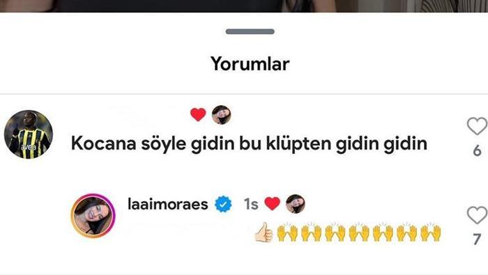 EMOJİ İLE YANIT VERDİ
Lais Moraes ise taraftarın bu yorumuna 'tamam' emojisi koydu. Son haftalarda Moraes, Fenerbahçe taraftarlarının kendi sosyal medya hesabına yaptığı yorumlardan dolayı bir hayli tepkiliydi.