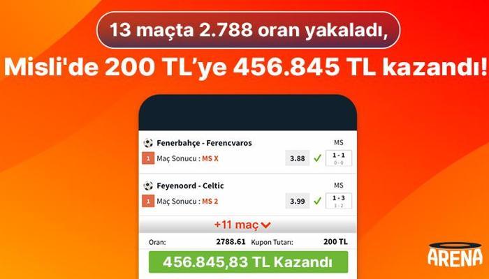 13 maçta 2.788 oran yakaladı, Misli’de 200 TL’ye 456.845 TL kazandı!