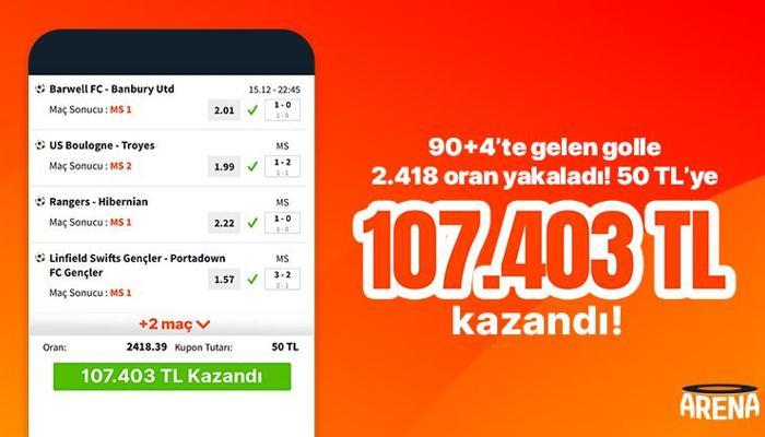 90+4’te gelen golle 2.418 oran yakaladı! 50 TL’ye 107.403 TL kazandı…