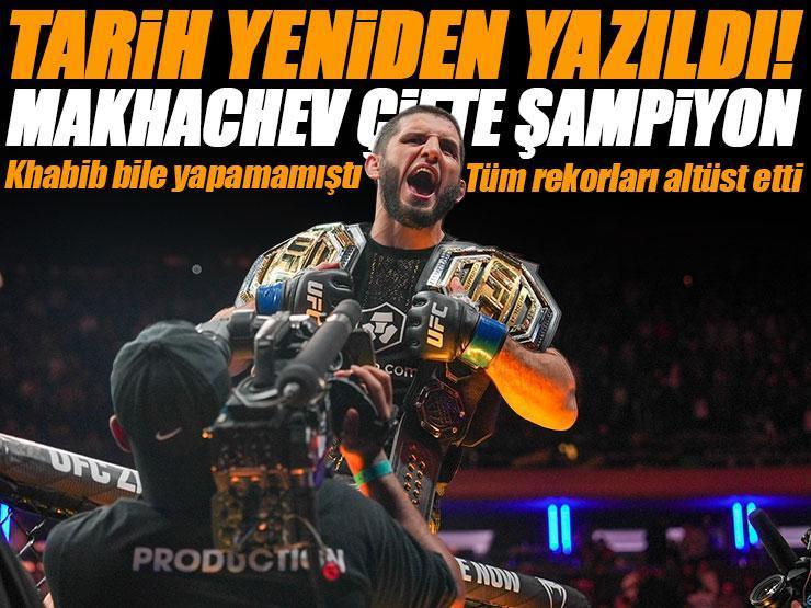UFC'de tarihi baştan yazan maç! Islam Makhachev, artık çifte şampiyon...