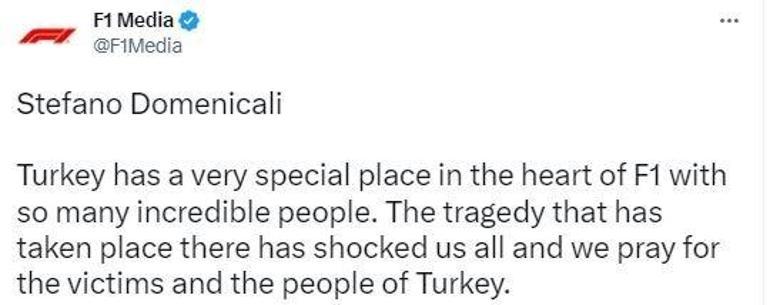 Formula 1den, Türkiyeye geçmiş olsun mesajı