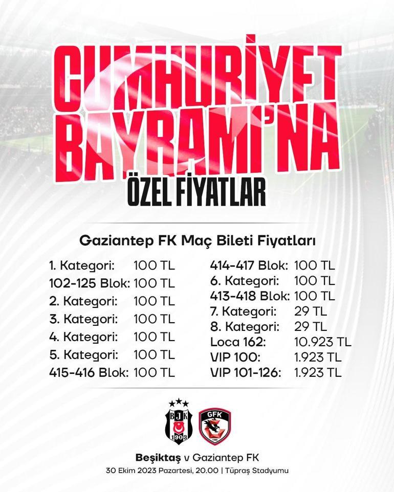 Beşiktaştan 29 Ekim Cumhuriyet Bayramına özel bilet fiyatları