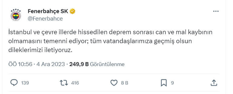 Son dakika Galatasaray, Fenerbahçe ve Beşiktaştan deprem paylaşımı İstanbulda deprem mi oldu Depremin şiddeti kaç Artçı ve son depremler...
