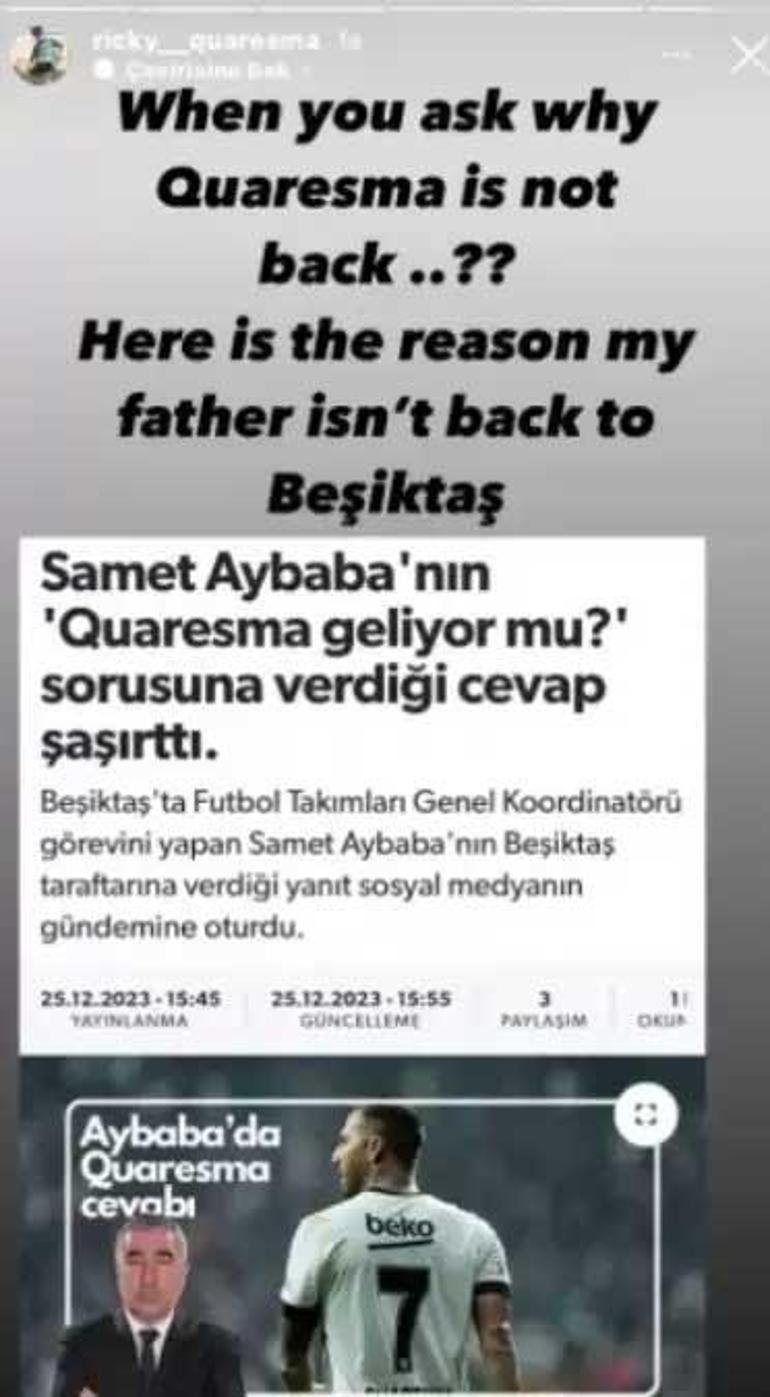 Quaresmanın oğlundan Beşiktaş paylaşımı Babasının neden dönmediğini açıkladı