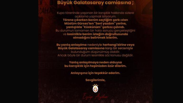 Galatasarayda yanlış şarkı detayı Eyüp Aydın sosyal medya hesabından açıkladı: Karışıklık için özür dilerim