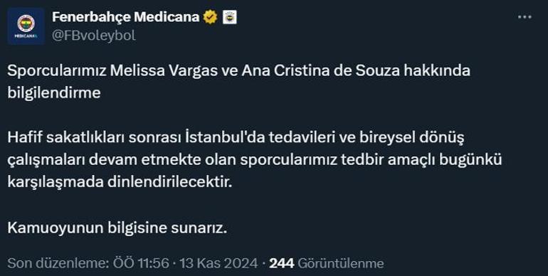 Fenerbahçeye Melissa Vargastan kötü haber Şampiyonlar Ligi maçı öncesi...