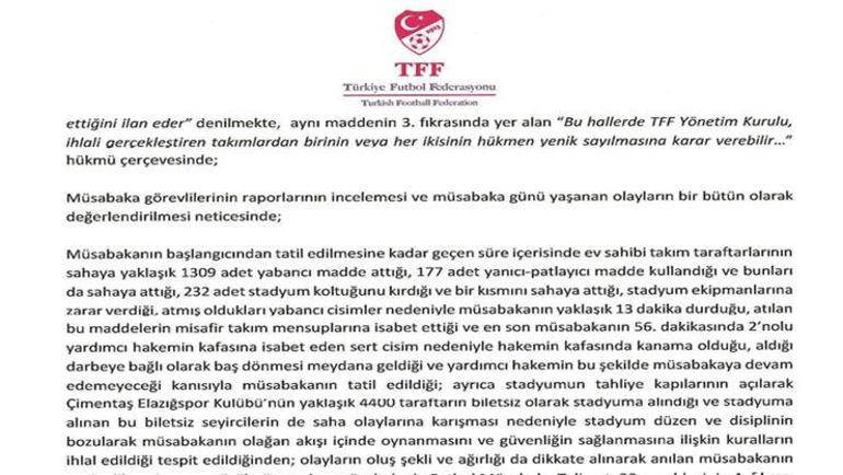 Elazığspor - Vanspor maçı için karar verildi Hükmen yenilgi