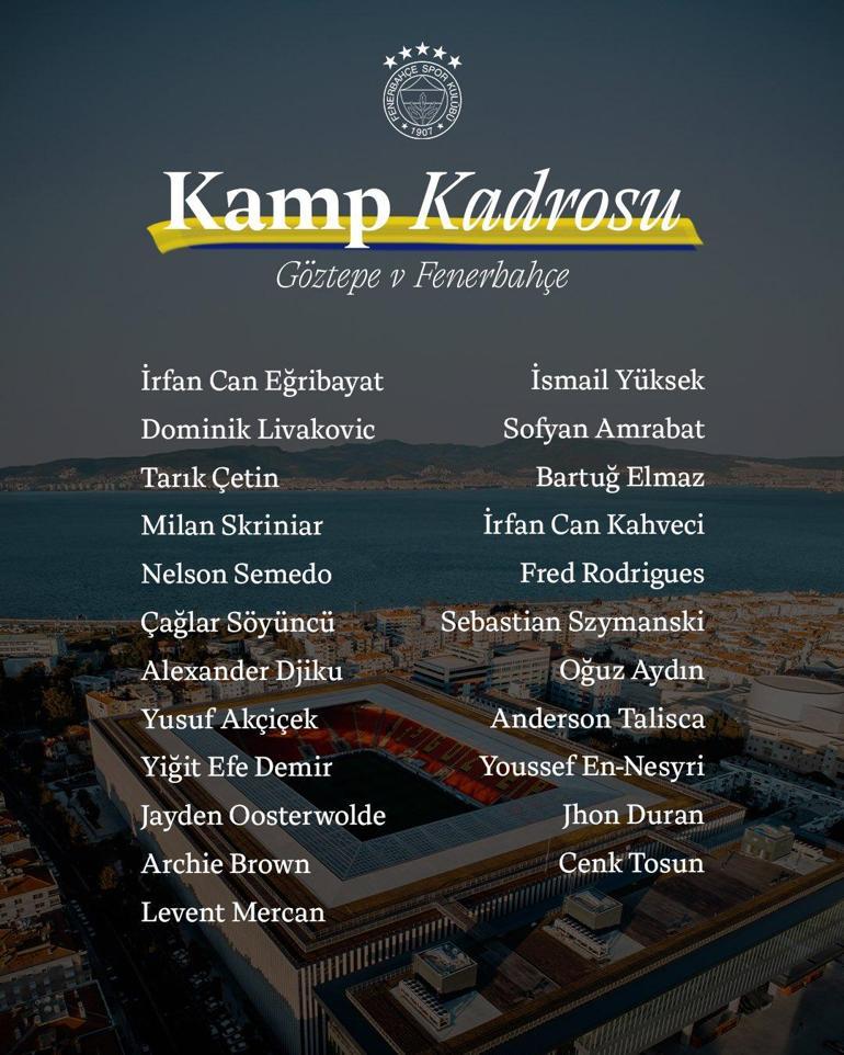 Son dakika | Fenerbahçenin Göztepe maçı kamp kadrosu açıklandı