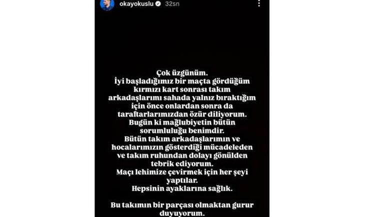 Fenerbahçe - Trabzonspor maçında kırmızı kart gören Okay Yokuşludan paylaşım Mağlubiyetin sorumluluğu...