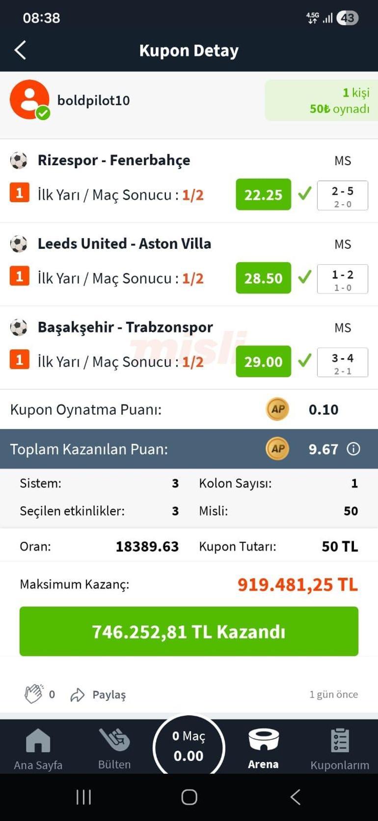 3 maçın İlk Yarı/Maç sonucu skoru bildi 50 TL’ye 746.252 TL kazandı...