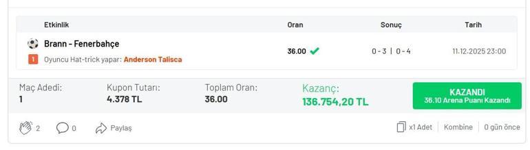 Talisca hat-trick yaptı Misli üyesi 136.754 TL kazandı…