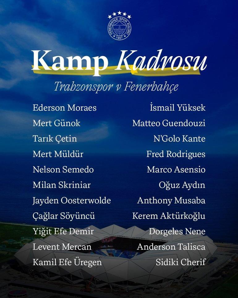 Fenerbahçenin Trabzonspor maçı kamp kadrosu açıklandı Yıldız futbolcu yok