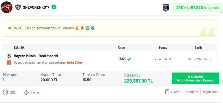Shevchenko17, Misli’de kazandırmaya devam ediyor Arda Güler’in harika golüyle tam 229.387 TL…