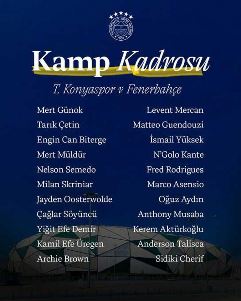 Fenerbahçenin Konyaspor kadrosu açıklandı 3 yıldız yok