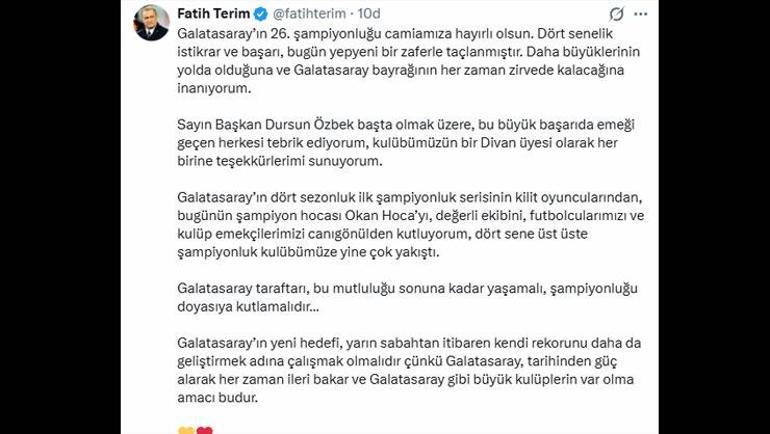 Fatih Terimden Galatasaray mesajı: Tarihinden güç alarak her zaman ileri bakar